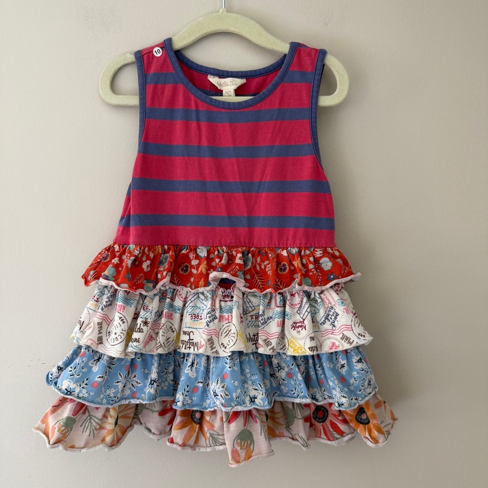 Matilda Jane Girls Pink Blue Striped Postal Floral Tiered Ruffle Dress‎ Size 6